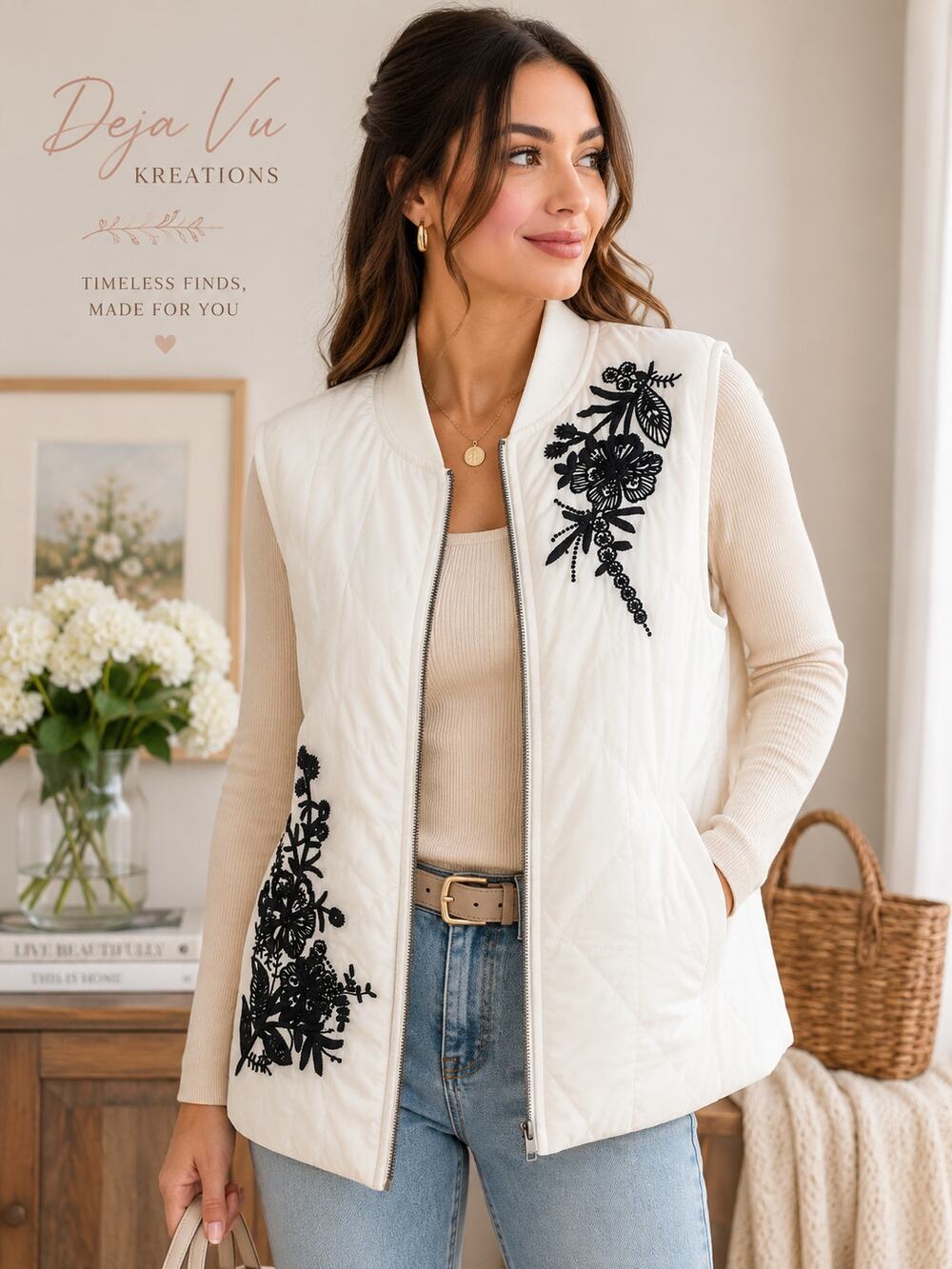 For Cynthia Embroidered Floral Puffer Vest Large White Lightweight Zip Up